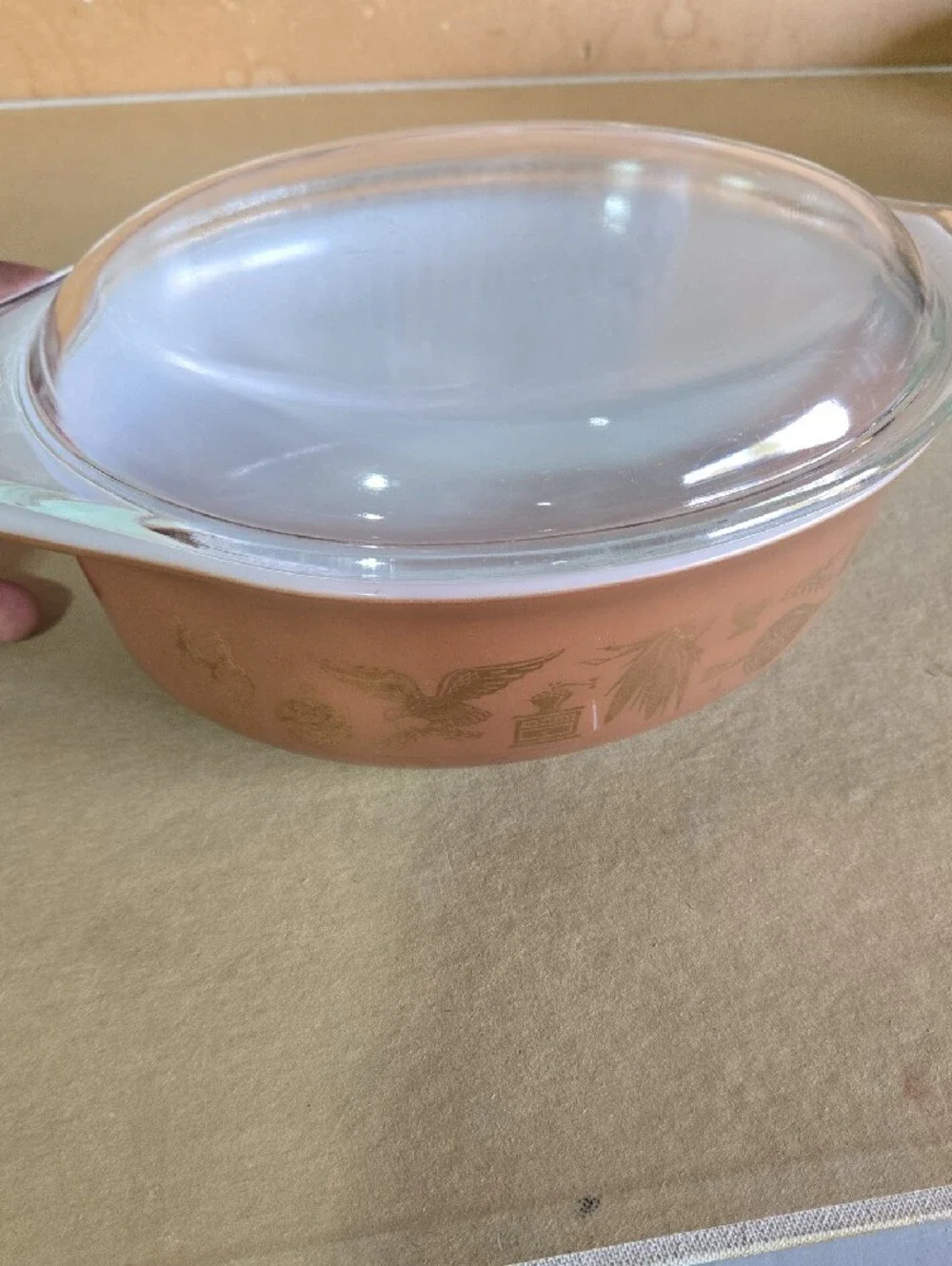 Pyrex Brown and White Round Casserole with Floral Band